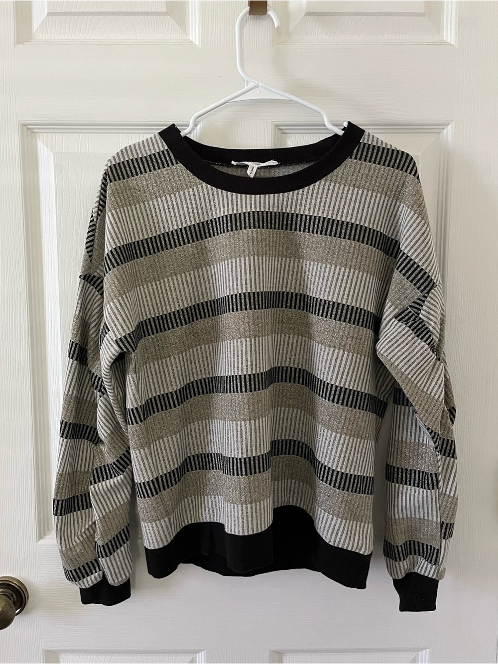 BCBGenerations Womens Striped Crewneck Sweater in Black and Gray